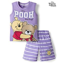 Babyhug Disney Single Jersey Knit Sleeveless T-Shirt & Shorts Night Suit With Winnie The Pooh Graphics - Lavender