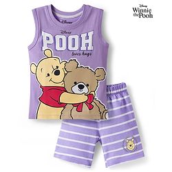 Babyhug Disney Single Jersey Knit Sleeveless T-Shirt & Shorts Night Suit With Winnie The Pooh Graphics - Lavender