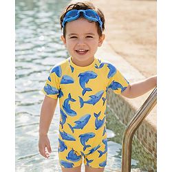 Babyhug Water Repellent Half Raglan Sleeves Legged Swimsuit With Whale Print - Yellow