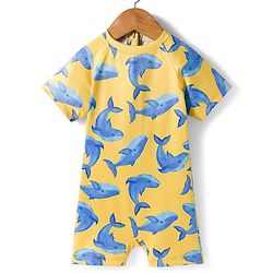 Babyhug Water Repellent Half Raglan Sleeves Legged Swimsuit With Whale Print - Yellow