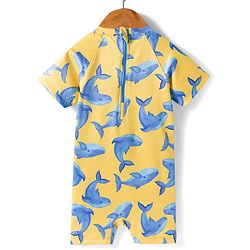 Babyhug Water Repellent Half Raglan Sleeves Legged Swimsuit With Whale Print - Yellow