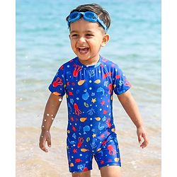 Babyhug Half Raglan Sleeves Legged Swimsuit With Sea Animal Print - Blue