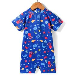Babyhug Half Raglan Sleeves Legged Swimsuit With Sea Animal Print - Blue