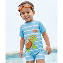 Babyhug Water Repellent Half Raglan Sleeves Legged Swimsuit With Turtle & Fish Print - Light Blue
