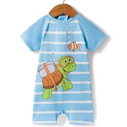 Babyhug Water Repellent Half Raglan Sleeves Legged Swimsuit With Turtle & Fish Print - Light Blue