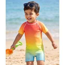 Babyhug Water Repellent Half Raglan Sleeves Legged Swimsuit With Tree Print - Multicolor