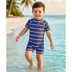 Babyhug Water Repellent Half Raglan Sleeves Legged Swimsuit With Anchor Print - Navy Blue