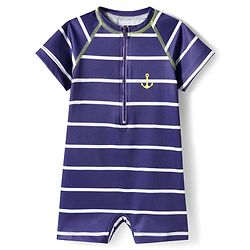 Babyhug Water Repellent Half Raglan Sleeves Legged Swimsuit With Anchor Print - Navy Blue
