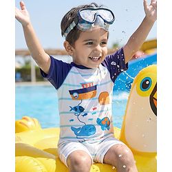 Babyhug Water Repellent Half Raglan Sleeves Legged Swimsuit With Sea Animals Print - White