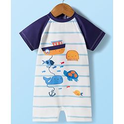 Babyhug Water Repellent Half Raglan Sleeves Legged Swimsuit With Sea Animals Print - White