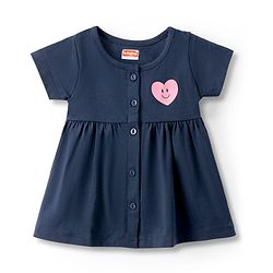 Babyhug 100% Cotton Interlock Knit Half Sleeves Frock With Heart Print & Bloomer - Navy Blue
