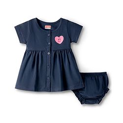 Babyhug 100% Cotton Interlock Knit Half Sleeves Frock With Heart Print & Bloomer - Navy Blue
