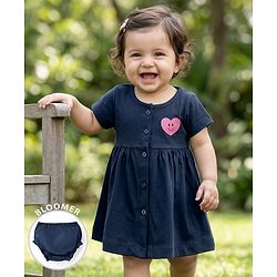 Babyhug 100% Cotton Interlock Knit Half Sleeves Frock With Heart Print & Bloomer - Navy Blue