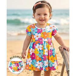 Babyhug Interlock Knit Half Sleeves Floral Printed Frock with Bloomer - Pink