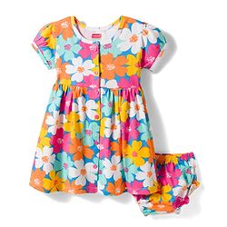 Babyhug Interlock Knit Half Sleeves Floral Printed Frock with Bloomer - Pink