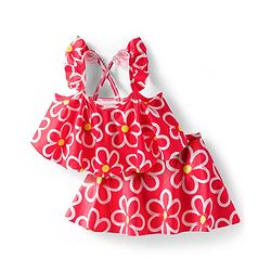 Babyhug Water Repellant Sleeveless Two Piece Swimsuit With Floral Print - Red