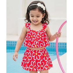 Babyhug Water Repellant Sleeveless Two Piece Swimsuit With Floral Print - Red