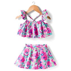 Babyhug Sleeveless Water Repellant Two Piece Swimsuit with Frill Detailing & Floral Print - Pink & Light Blue