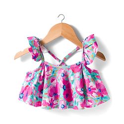Babyhug Sleeveless Water Repellant Two Piece Swimsuit with Frill Detailing & Floral Print - Pink & Light Blue