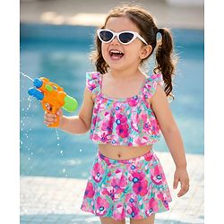 Babyhug Sleeveless Water Repellant Two Piece Swimsuit with Frill Detailing & Floral Print - Pink & Light Blue