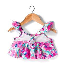 Babyhug Sleeveless Water Repellant Two Piece Swimsuit with Frill Detailing & Floral Print - Pink & Light Blue