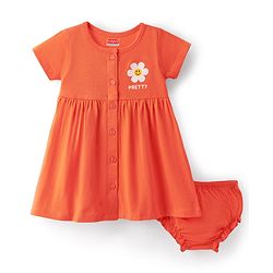 Babyhug 100% Cotton Interlock Knit Half Sleeves Frock With Floral Print & Bloomer - Orange