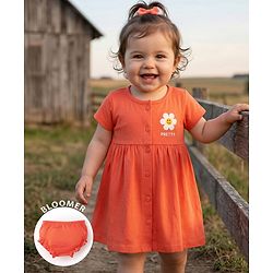Babyhug 100% Cotton Interlock Knit Half Sleeves Frock With Floral Print & Bloomer - Orange