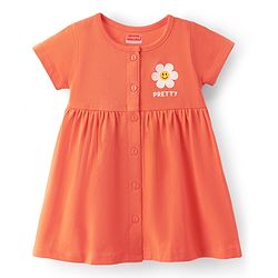 Babyhug 100% Cotton Interlock Knit Half Sleeves Frock With Floral Print & Bloomer - Orange