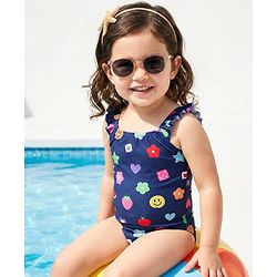 Babyhug Water Repellent Printed V Cut Swimsuit - Navy Blue