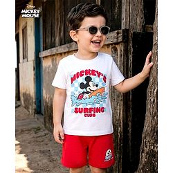 Babyhug Disney Single Jersey Knit Half Sleeves T-Shirt & Shorts Set With Mickey Mouse Graphics - Multicolor