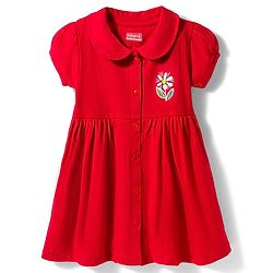 Babyhug Interlock Knit Half Sleeves Peter Pan Collared Frock with Bloomer & Floral Print - Red