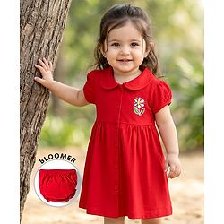 Babyhug Interlock Knit Half Sleeves Peter Pan Collared Frock with Bloomer & Floral Print - Red