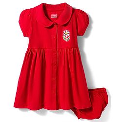 Babyhug Interlock Knit Half Sleeves Peter Pan Collared Frock with Bloomer & Floral Print - Red