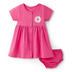 Babyhug Interlock Knit Half Sleeves Frock With Floral Print & Bloomer - Pink