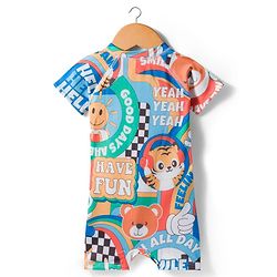 Babyhug Half Raglan Sleeves Water Repellent Animal Printed Legged Swimsuit - Multicolour