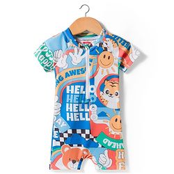 Babyhug Half Raglan Sleeves Water Repellent Animal Printed Legged Swimsuit - Multicolour