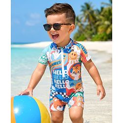 Babyhug Half Raglan Sleeves Water Repellent Animal Printed Legged Swimsuit - Multicolour