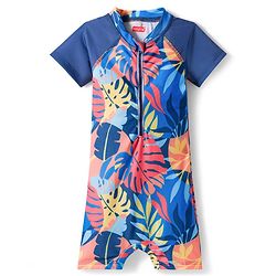 Babyhug Half Raglan Sleeves Tropical Theme Printed Legged Swimsuit - Multicolour