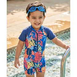 Babyhug Half Raglan Sleeves Tropical Theme Printed Legged Swimsuit - Multicolour