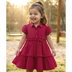 Babyhug Poplin Knit Half Sleeves Solid Frock - Dark Pink