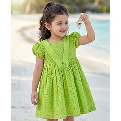 Babyhug Cotton Woven Half Puffed Sleeves Schiffili Frock - Green