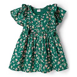 Babyhug Cotton Woven Frill Sleeves Frock With Floral Print - Green