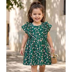 Babyhug Cotton Woven Frill Sleeves Frock With Floral Print - Green