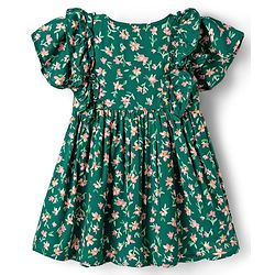 Babyhug Cotton Woven Frill Sleeves Frock With Floral Print - Green