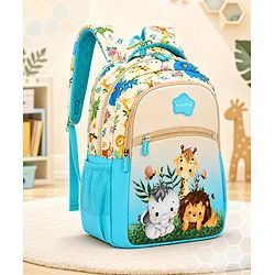 Babyhug 16 Inches Jungle Theme Backpack | 2 Main Compartments, 2 Front Pockets, 2 Side Bottle Pockets | Water Resistant | Durable Zippers | For School, Travel & Outdoors | Blue White