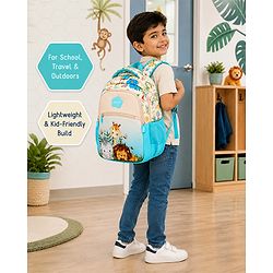 Babyhug 16 Inches Jungle Theme Backpack | 2 Main Compartments, 2 Front Pockets, 2 Side Bottle Pockets | Water Resistant | Durable Zippers | For School, Travel & Outdoors | Blue White