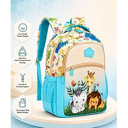 Babyhug 16 Inches Jungle Theme Backpack | 2 Main Compartments, 2 Front Pockets, 2 Side Bottle Pockets | Water Resistant | Durable Zippers | For School, Travel & Outdoors | Blue White