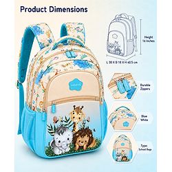 Babyhug 16 Inches Jungle Theme Backpack | 2 Main Compartments, 2 Front Pockets, 2 Side Bottle Pockets | Water Resistant | Durable Zippers | For School, Travel & Outdoors | Blue White
