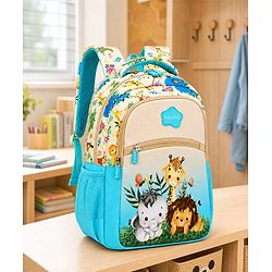 Babyhug 16 Inches Jungle Theme Backpack | 2 Main Compartments, 2 Front Pockets, 2 Side Bottle Pockets | Water Resistant | Durable Zippers | For School, Travel & Outdoors | Blue White
