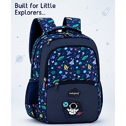 Babyhug 16 Inches Galaxy Astronaut Theme Backpack | 2 Main Compartments, 3 Front Pockets, 2 Side Bottle Pockets | Water Resistant | Durable Zippers | For School, Travel & Outdoors | Blue